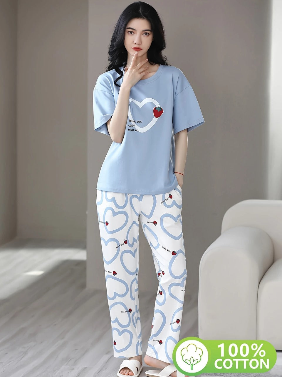 BLUE HEART DESIGN NIGHT DRESS IN COTTON FABRIC - 
 