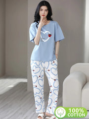 BLUE HEART DESIGN NIGHT DRESS IN COTTON FABRIC - 
 