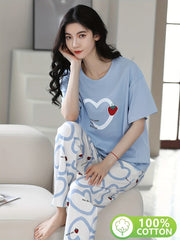 BLUE HEART DESIGN NIGHT DRESS IN COTTON FABRIC - M.H fashion 