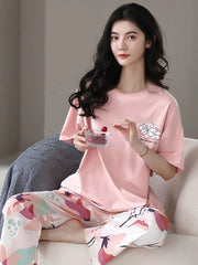 PINK WHITE FLOWER DESIGN NIGHT DRESS IN COTTON FABRIC - kkfashion