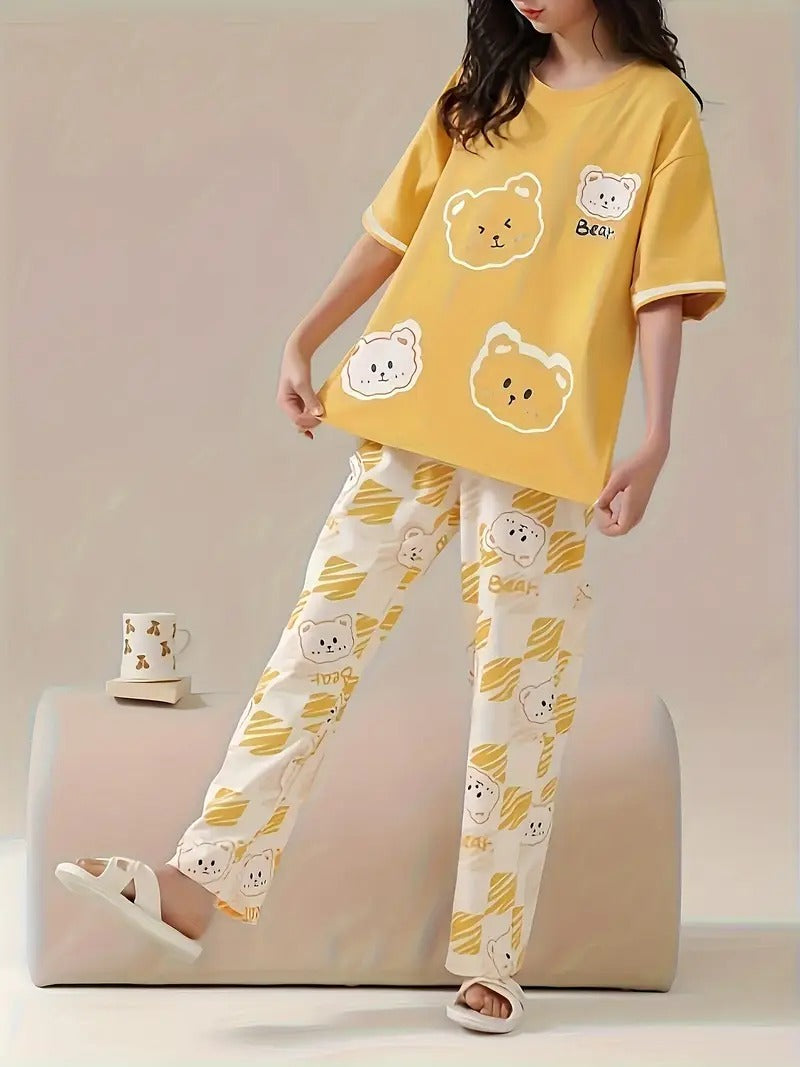 Yellow 3 bear  design night suit premium fabric for girls and woman - M.H fashion 