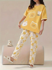 Yellow 3 bear  design night suit premium fabric for girls and woman - M.H fashion 