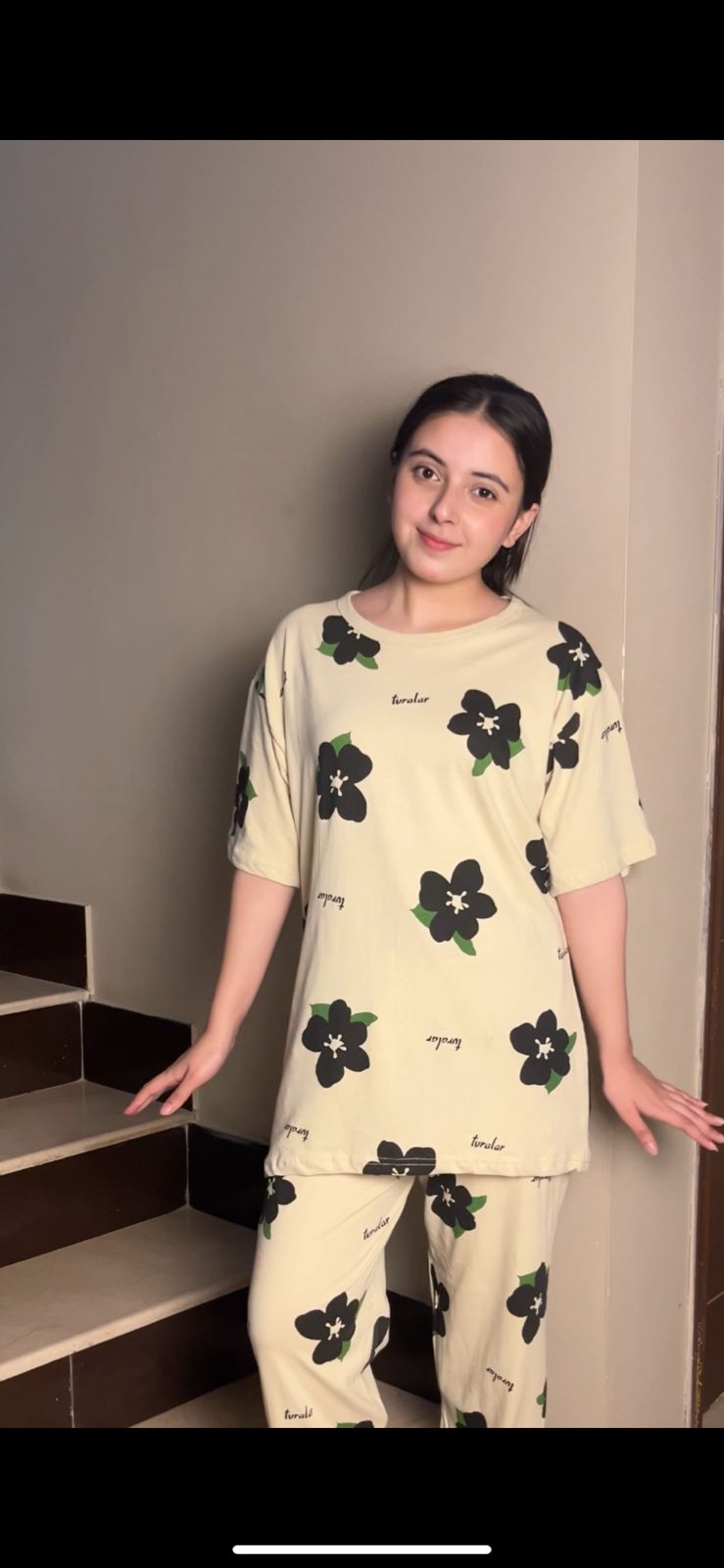 cream flower  design night suit premium fabric for girls and woman - M.H fashion 