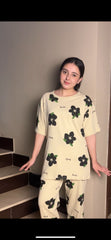 cream flower  design night suit premium fabric for girls and woman - M.H fashion 