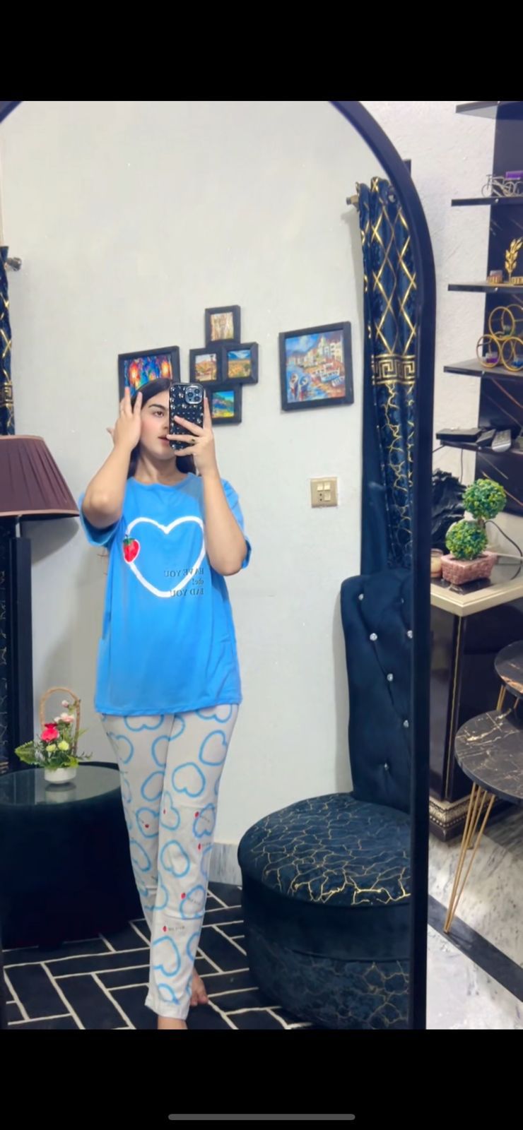 BLUE HEART DESIGN NIGHT DRESS IN COTTON FABRIC