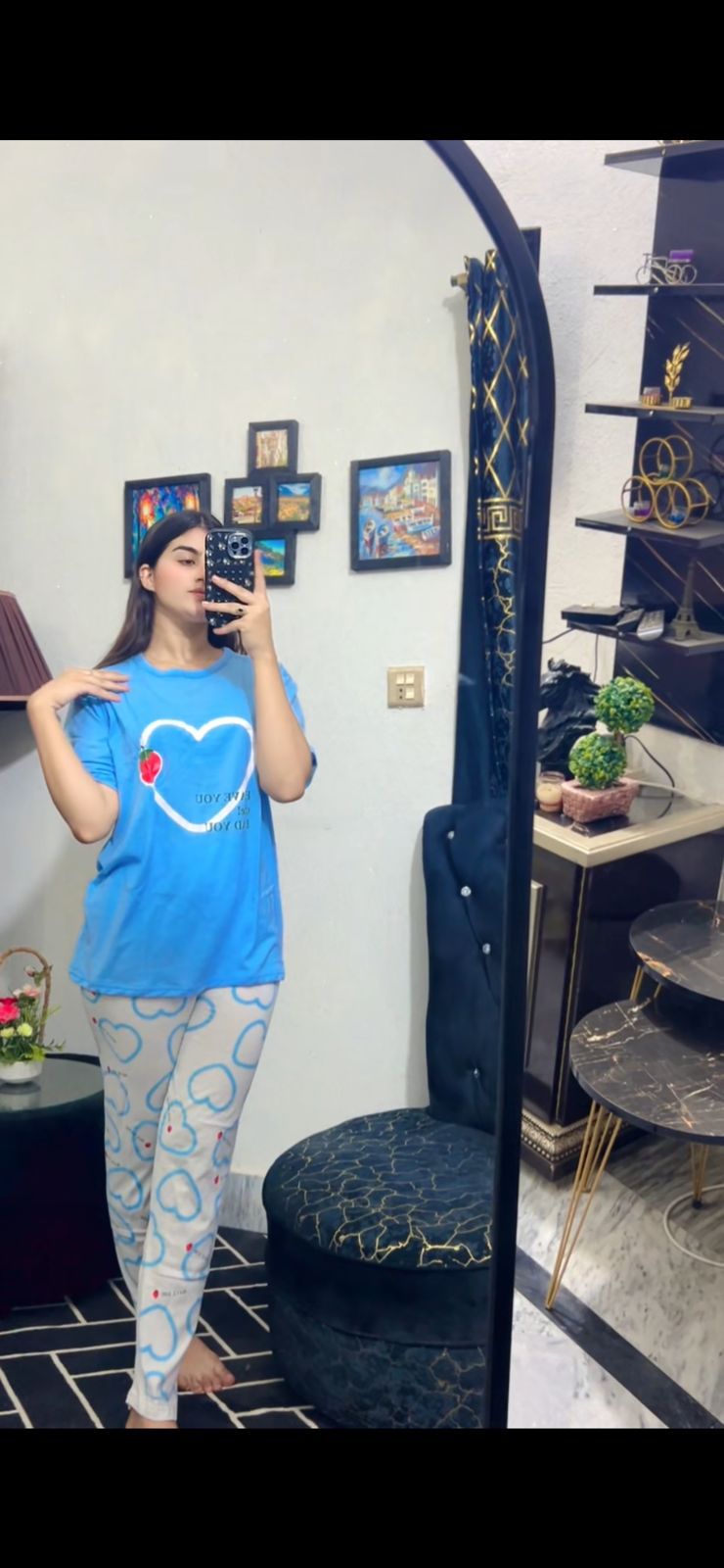 BLUE HEART DESIGN NIGHT DRESS IN COTTON FABRIC
