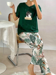 GREEN LEAVE DESIGN NIGHT DRESS IN COTTON FABRIC - M.H fashion 