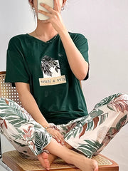 GREEN LEAVE DESIGN NIGHT DRESS IN COTTON FABRIC - kkfashion