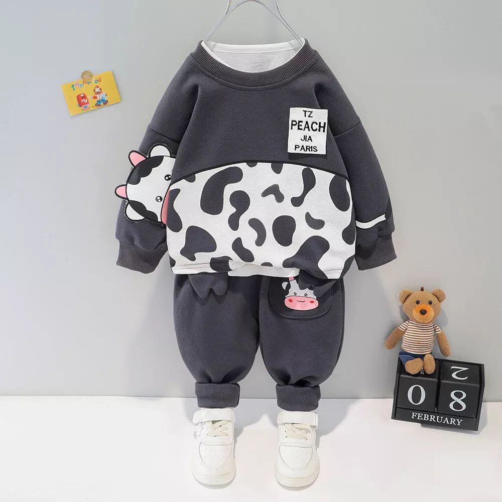 dark grey panel style printed kids suit for winter