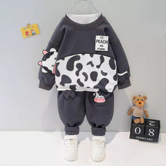 dark grey panel style printed kids suit for winter