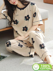cream flower  design night suit premium fabric for girls and woman - M.H fashion 