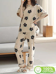 cream flower  design night suit premium fabric for girls and woman - M.H fashion 