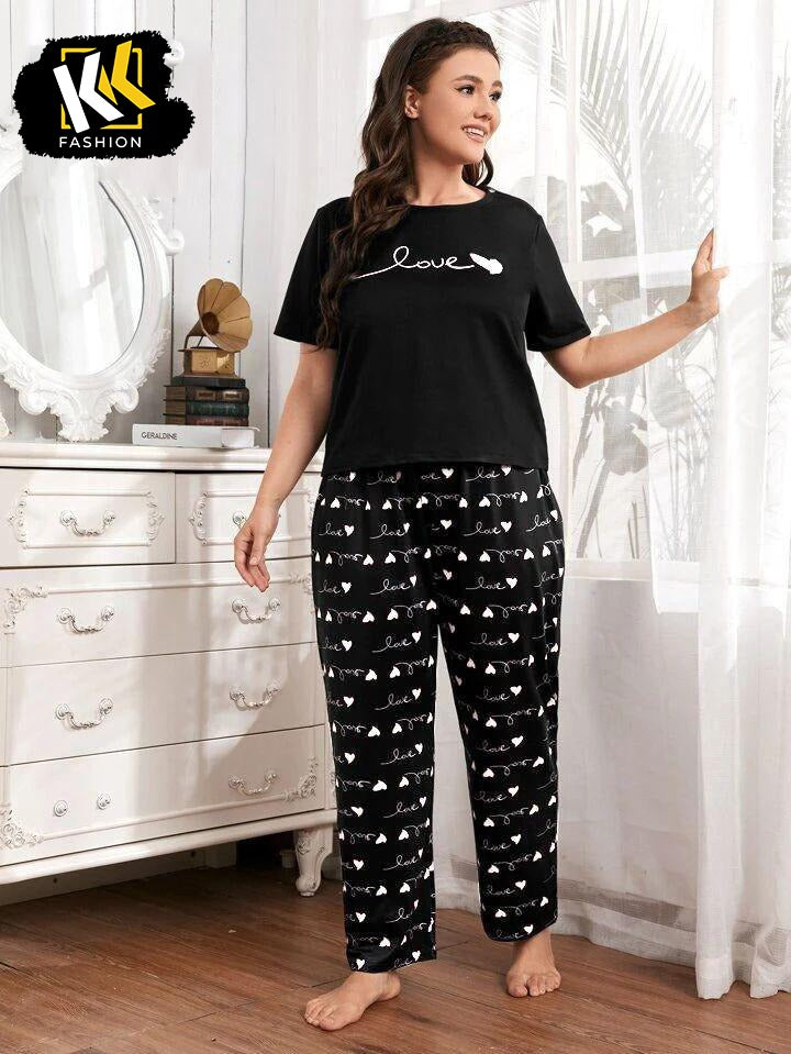 black heart and love printed night suit cotton jarsy fabric