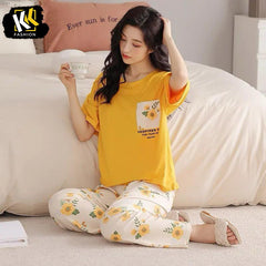 yellow flower printed night suit in premium fabric cotton jarsy
